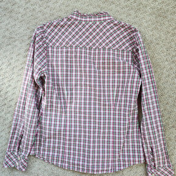 Vineyard Vines Pink & Green Plaid Ruffle Collar Button-Down Shirt Blouse, Sz 4 - Picture 9 of 11
